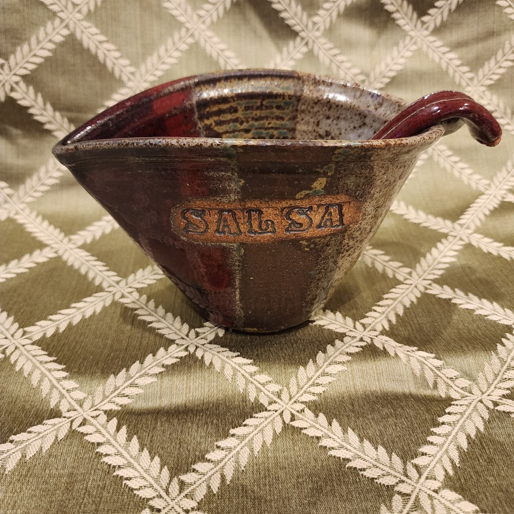 Handmade Pottery SALSA Dish Engraved with Lattle‎ Signed by Artist